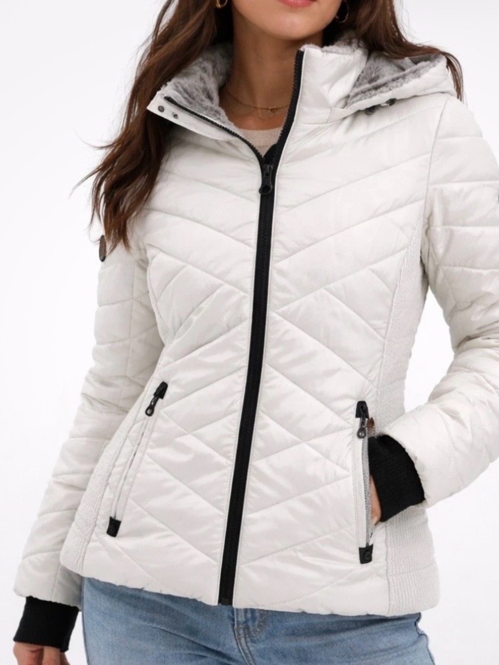 Nautica Women's Puffer Jacket White Faux Fur Hood Water Resistant Large
